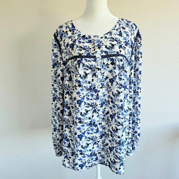 Talbots Tops - NEW Talbots Plus Size 2X Blouse Tunic Blue White Floral 1/2 Button Popover Lace